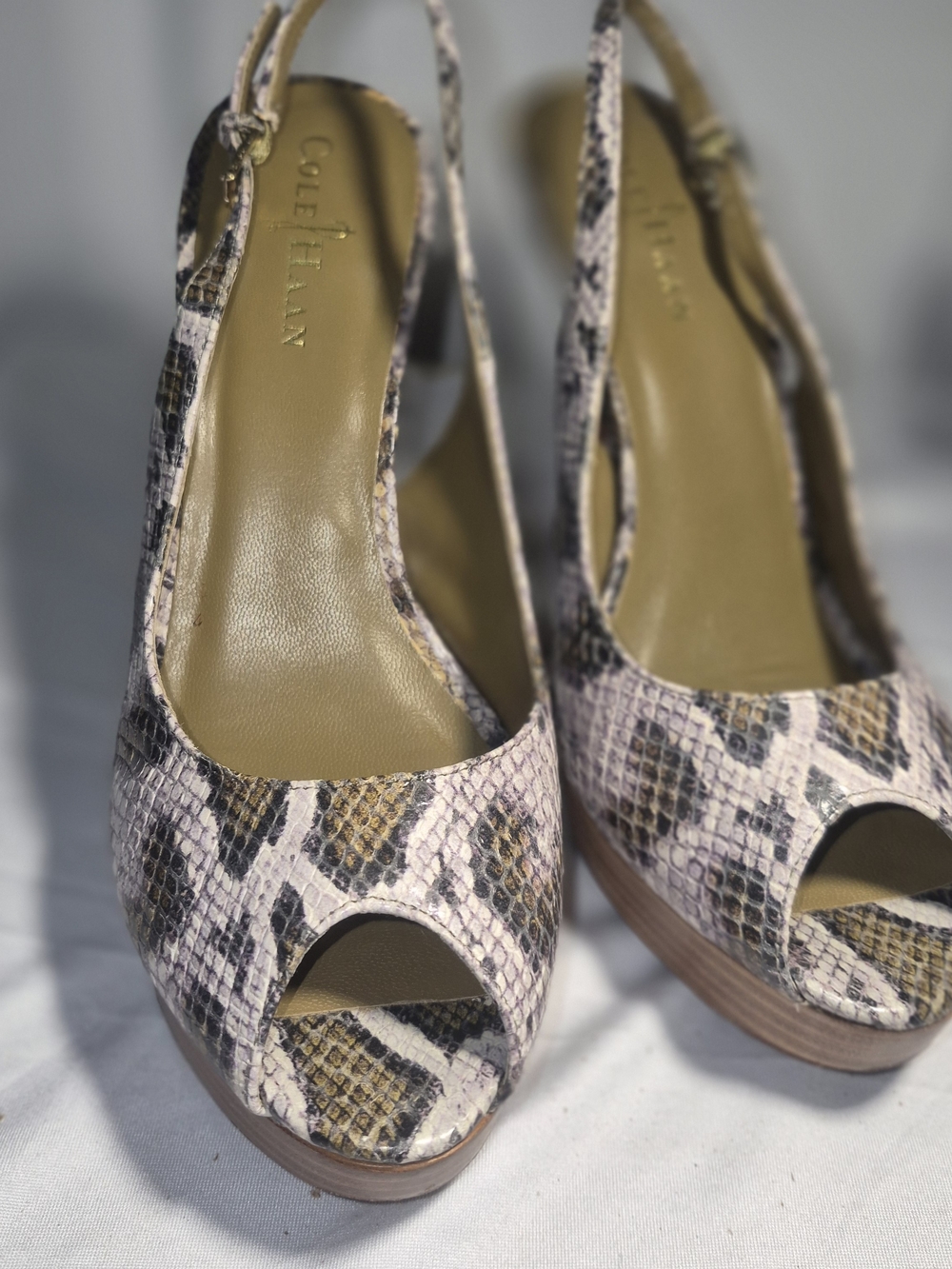 Cole Haan Snakeskin Peep-Toe Slingback Wedges in Beige and Black